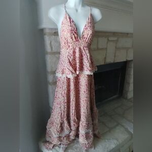 Aakaa Lg. Pink Floral Maxi Dress Boho Cottagecore Prairie Hippie